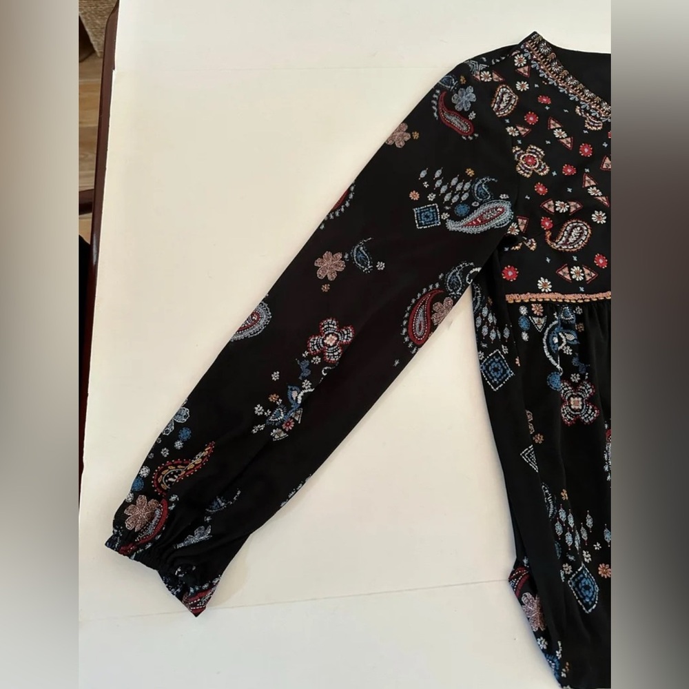 Style & Co. Navy Long Sleeve Boho Blouse with Paisley Pattern & Tassels Small - Picture 9 of 10